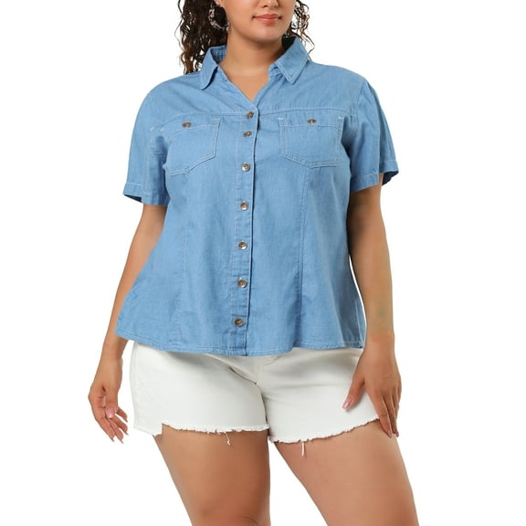 DARING DIVA Women's Plus Blouse Chest Pocket Button Down Demin Shirt 4X Light Blue