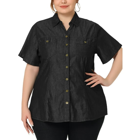 DARING DIVA Women's Plus Blouse Chest Pocket Button Down Demin Shirt 1X Black