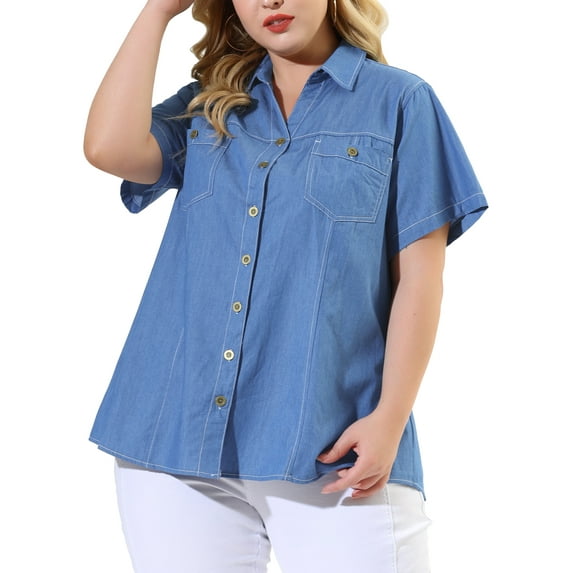 DARING DIVA Women's Plus Blouse Chest Pocket Button Down Demin Shirt 2X Sky Blue