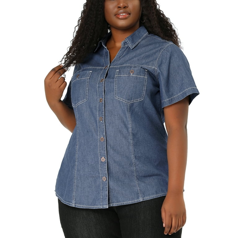 Unique Bargains Women's Plus Size Blouse Chest Pocket Button Down Classic  Demin Shirt