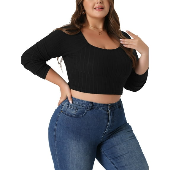 Unique Bargains Women's Plus Size Blouse Square Neck Long Sleeve Cropped Tops 1X Black