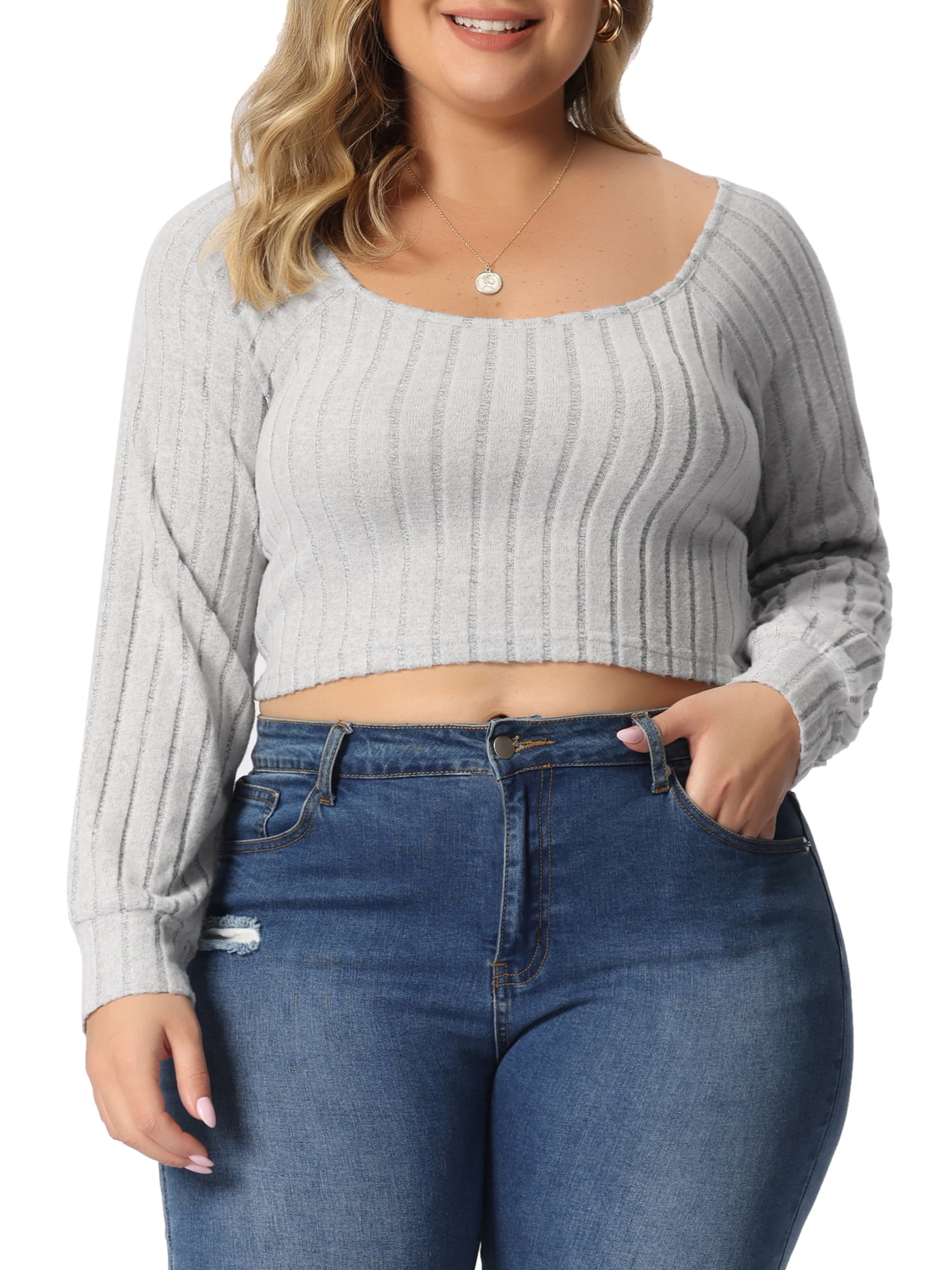 Unique Bargains Women's Plus Size Blouse Square Neck Long Sleeve Cropped Tops 1X Gray