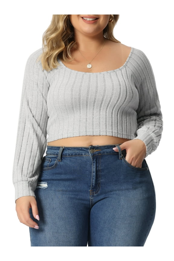 Women's Plus Size Blouse Square Neck Long Sleeve Cropped Tops 1X Gray