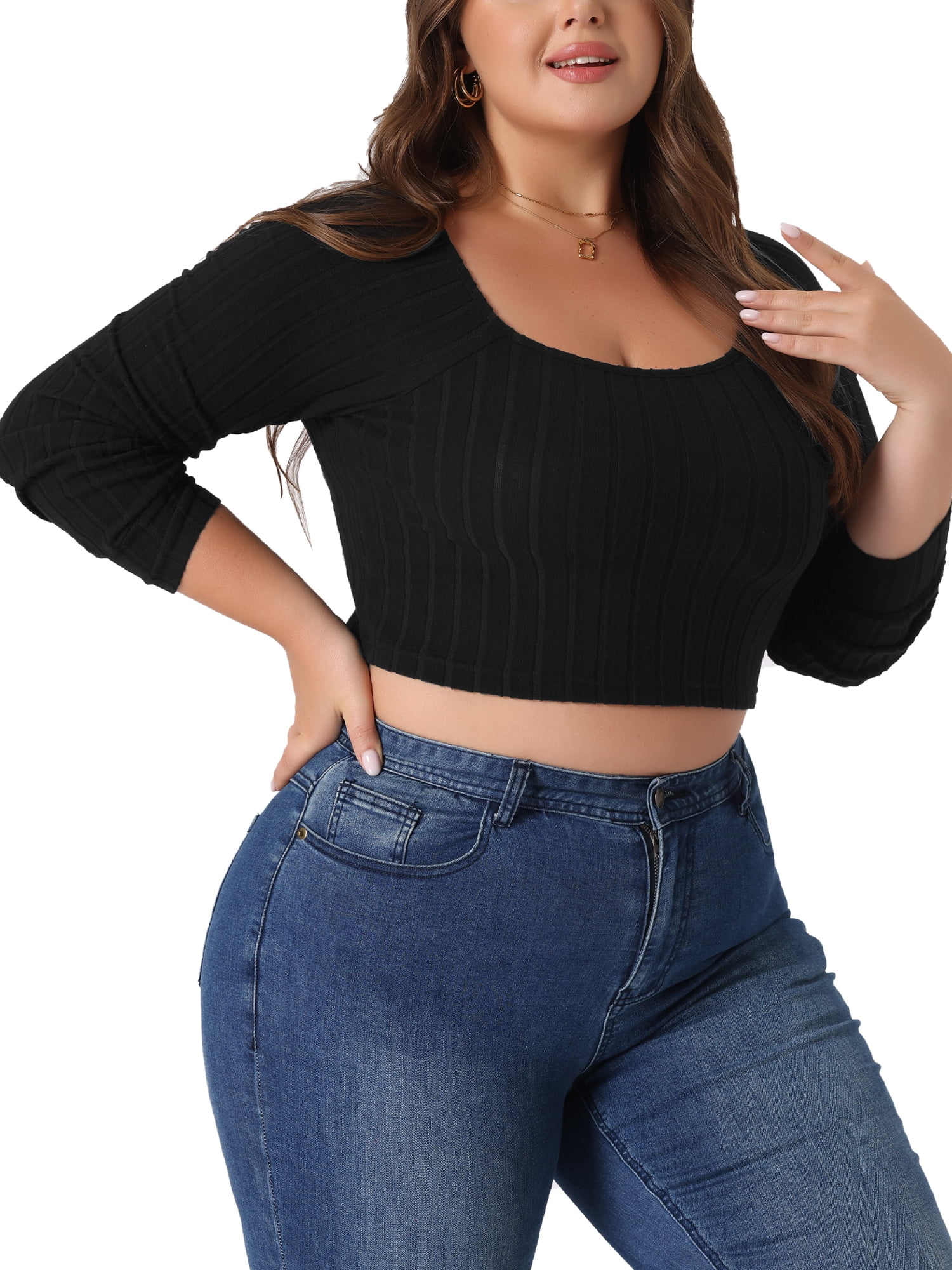 Unique Bargains Women's Plus Size Blouse Square Neck Long Sleeve Cropped Tops 2X Black