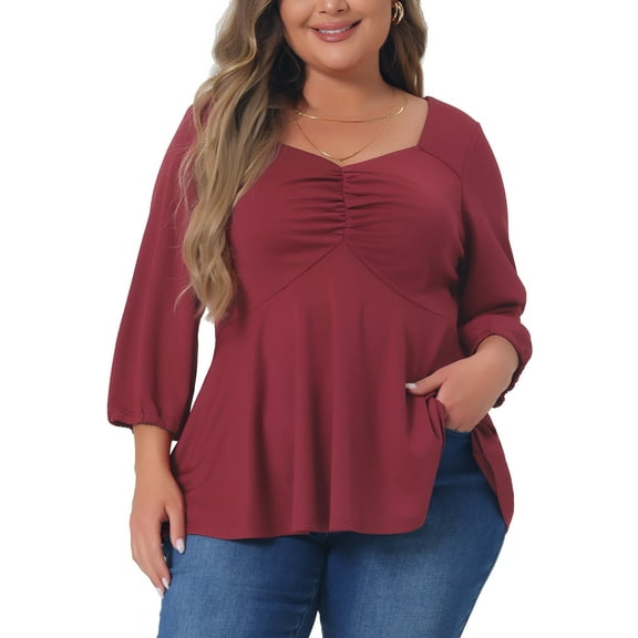 Unique Bargains Women's Plus Size Blouse Sweetheart Neck Elbow Sleeve Peplum Tops 2X Burgundy