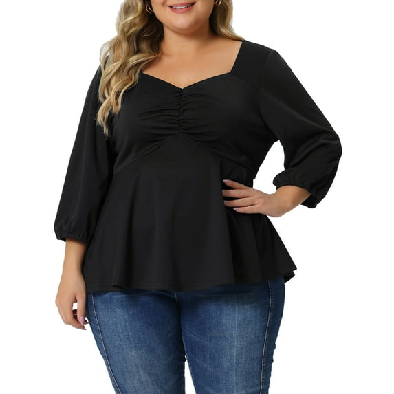 Unique Bargains Women's Plus Size Blouse Sweetheart Neck Elbow Sleeve Peplum Tops 4X Black