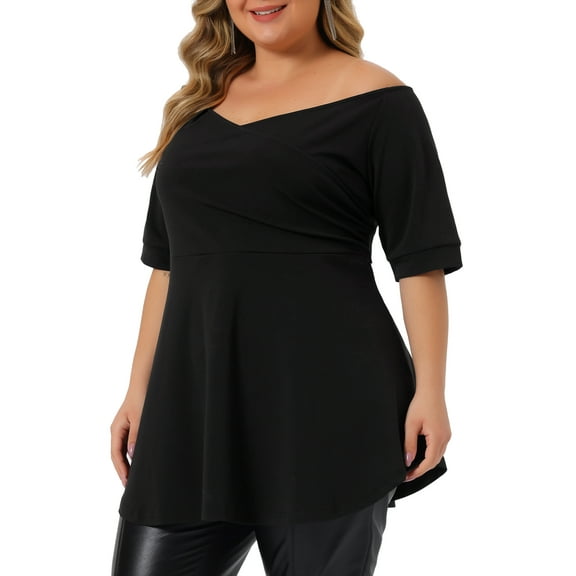 Unique Bargains Women's Plus Size Blouse V Neck Faux Wrap Short Sleeve Peplum Top Blouses Black 1X