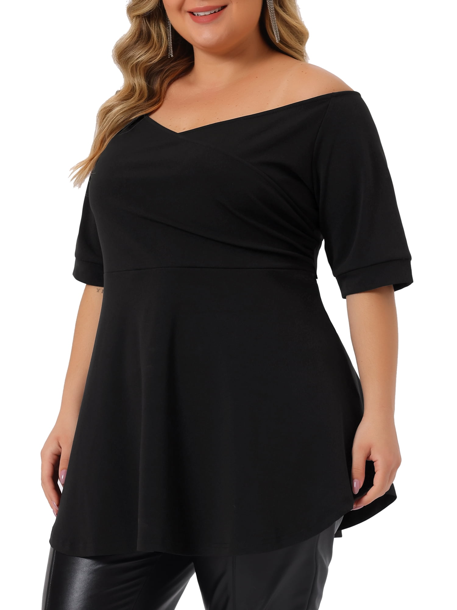 Unique Bargains Women's Plus Size Blouse V Neck Faux Wrap Short Sleeve Peplum Top Blouses Black 2X