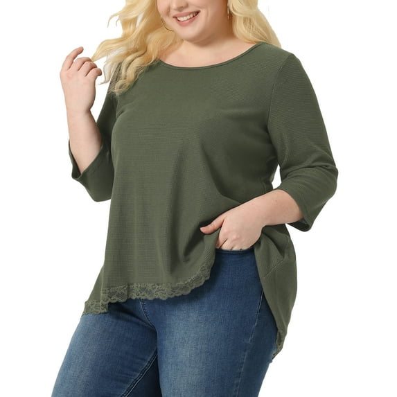 Unique Bargains Women's Plus Size Blouse Waffle Round Neck Lace Panel High Low Hem Tops 1X Army Green