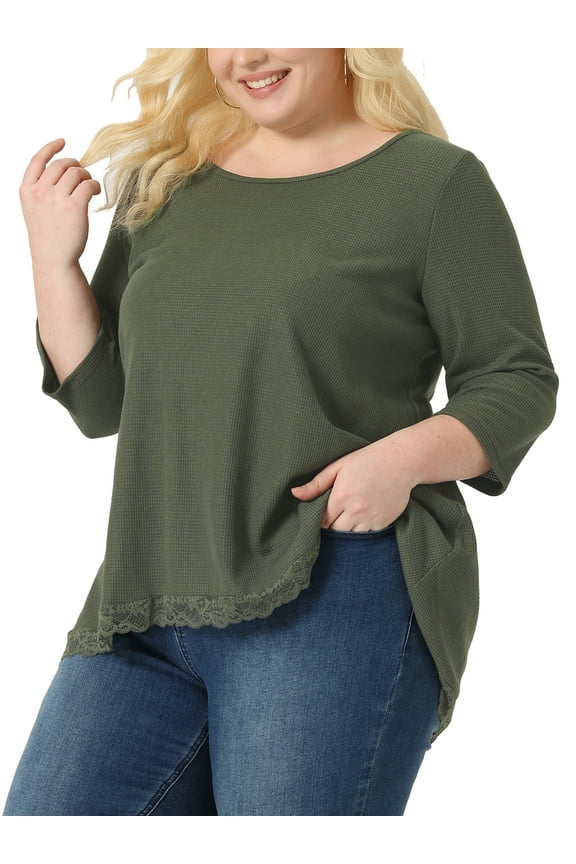 Women's Plus Size Blouse Waffle Round Neck Lace Panel High Low Hem Tops 3X Army Green