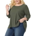 thumbnail image 1 of Unique Bargains Women's Plus Size Blouse Waffle Round Neck Lace Panel High Low Hem Tops 4X Army Green, 1 of 6
