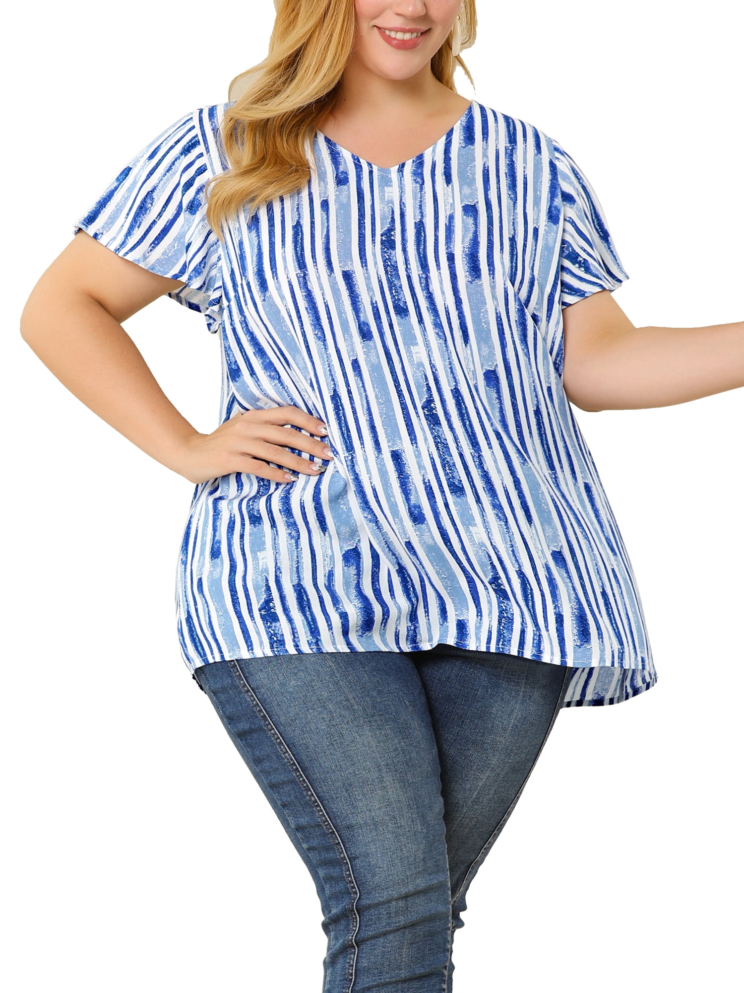 Unique Bargains Women's Plus Size Blouses Short Sleeve Loose Stripe Top