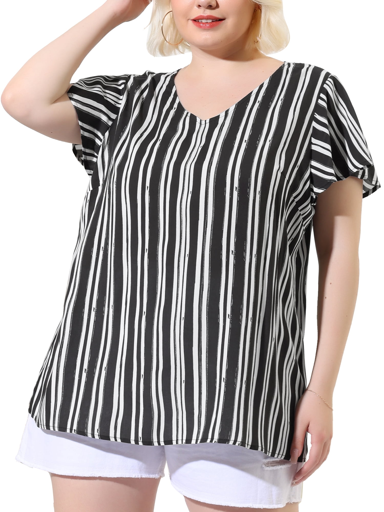 Unique Bargains Women's Plus Size Blouses Short Sleeve Loose Stripe Top