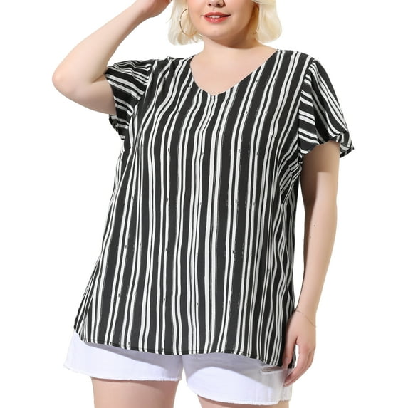 Unique Bargains Women's Plus Size Blouses Short Sleeve Loose Stripe Top