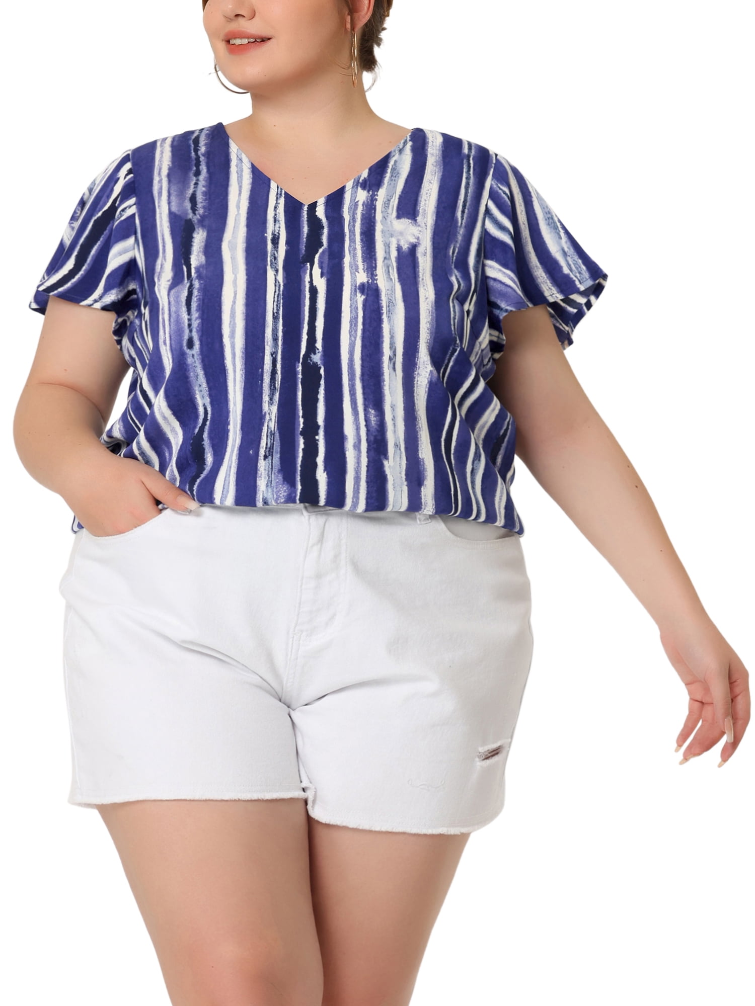 Unique Bargains Women's Plus Size Blouses Short Sleeve Loose Stripe Top