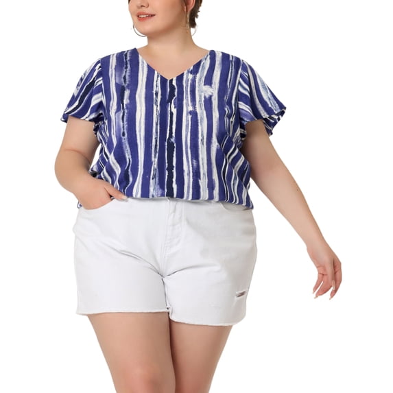 Unique Bargains Women's Plus Size Blouses Short Sleeve Loose Stripe Top