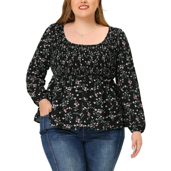 Unique Bargains Women's Plus Size Blouses Smock Waist Square Neck Floral Peplum Tops 1X Black
