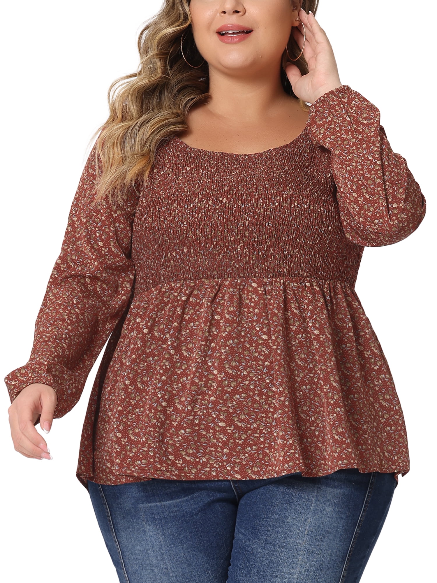 Unique Bargains Women's Plus Size Blouses Smock Waist Square Neck Floral Peplum Tops 1X Burgundy