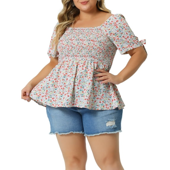 Unique Bargains Women's Plus Size Blouses Smocked Bow Tie Short Sleeve Peplum Tops 1X Pink