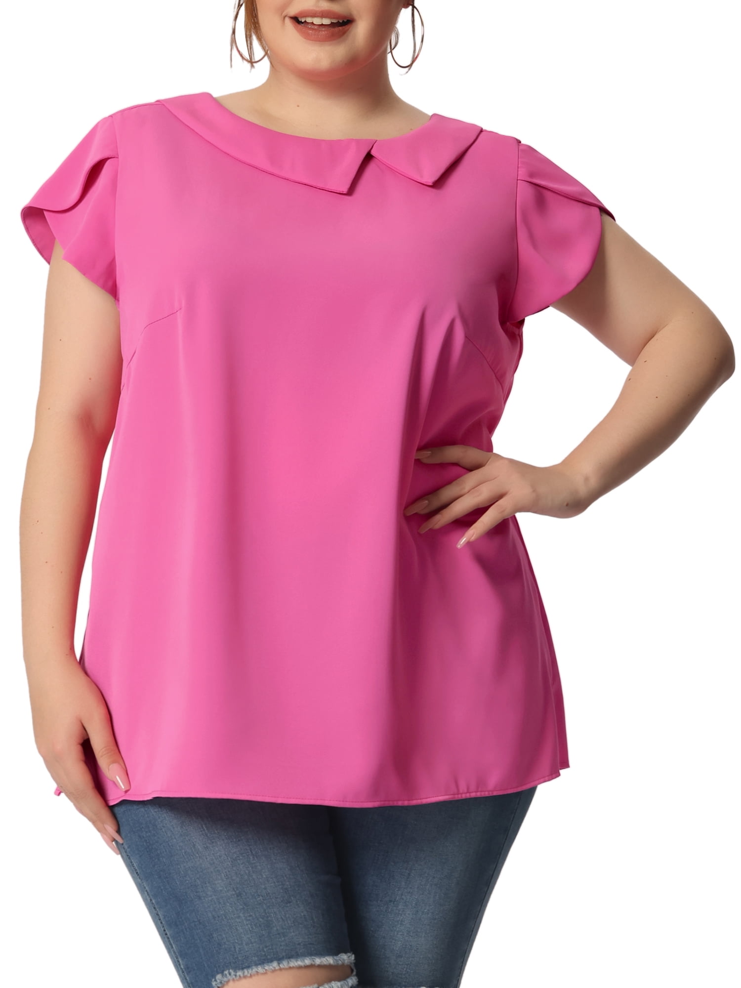 Unique Bargains Women's Plus Size Boat Neck Flutter Sleeve Chiffon Solid Top