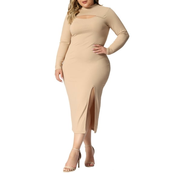 Unique Bargains Women's Plus Size Bodycon Dress Knee Slim Cut Out Dresses 2X Khaki