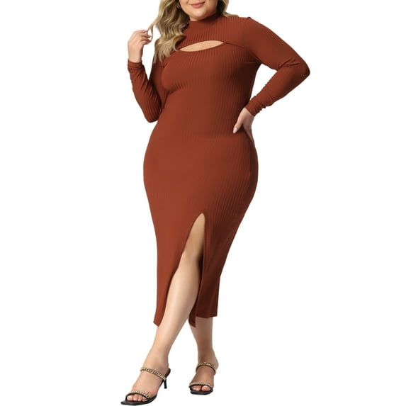 Unique Bargains Women's Plus Size Bodycon Dress Knee Slim Cut Out Dresses 4X Caramel