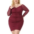 thumbnail image 1 of Unique Bargains Women's Plus Size Bodycon Mesh Stretchy Ruched Pencil Mini Dress 2X Burgundy, 1 of 6