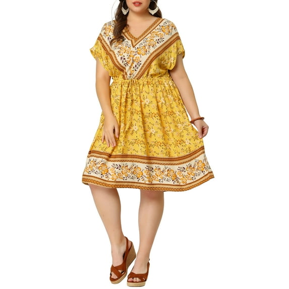 Unique Bargains Women's Plus Size Boho Placed Drop Shoulder Drawstring Waist Dresses 4X Yellow