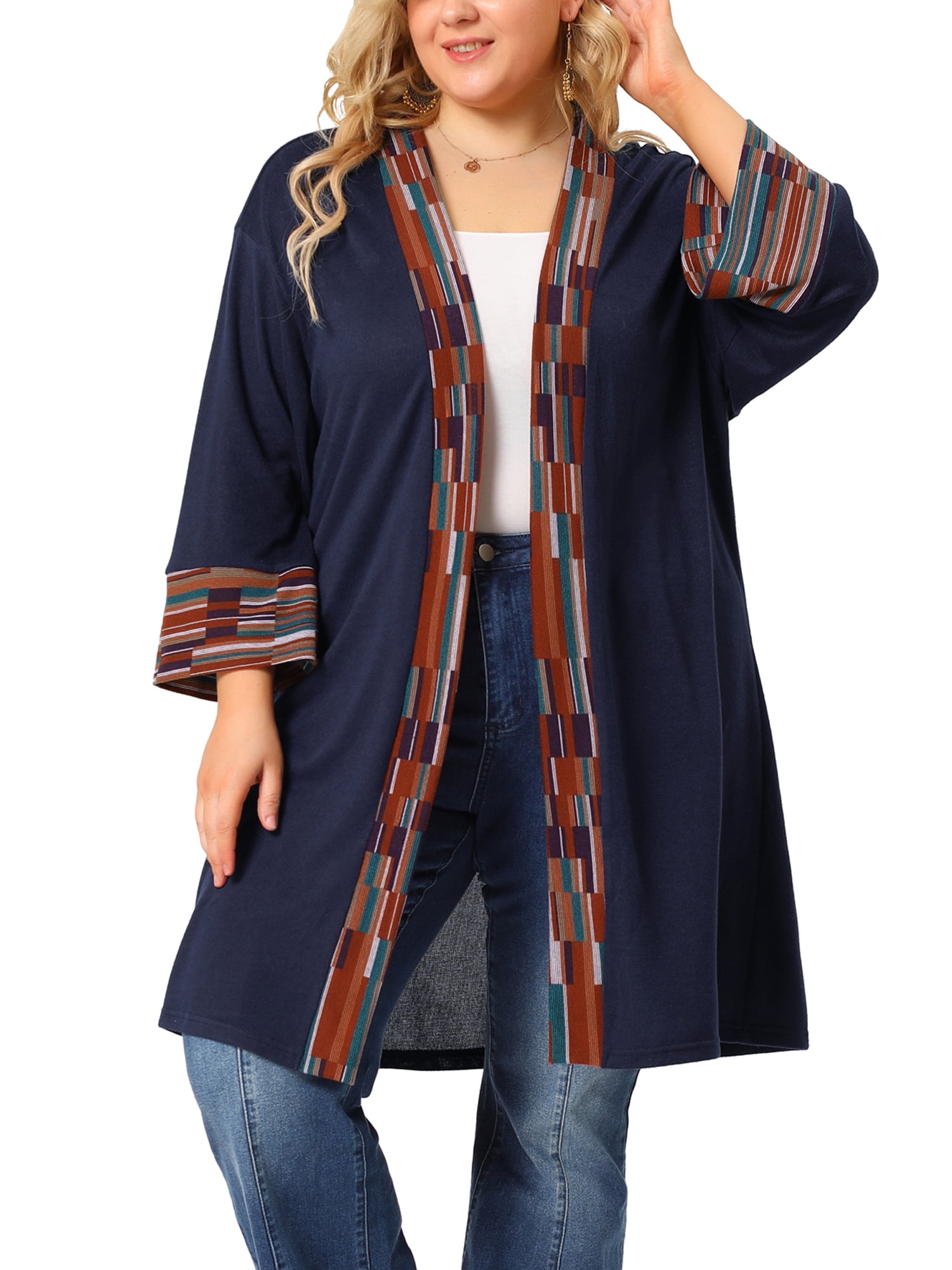Unique Bargains Women's Plus Size Boho Relaxed Open Front Cardigans 3X Dark Blue