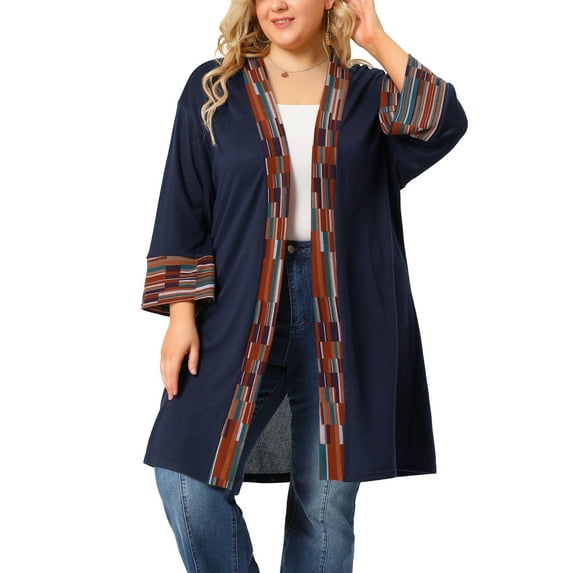 Unique Bargains Women's Plus Size Boho Relaxed Open Front Cardigans 4X Dark Blue