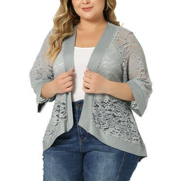 Unique Bargains Women's Plus Size Bolero Summer Outfits Lace Panel Sheer Cardigans 2X Gray