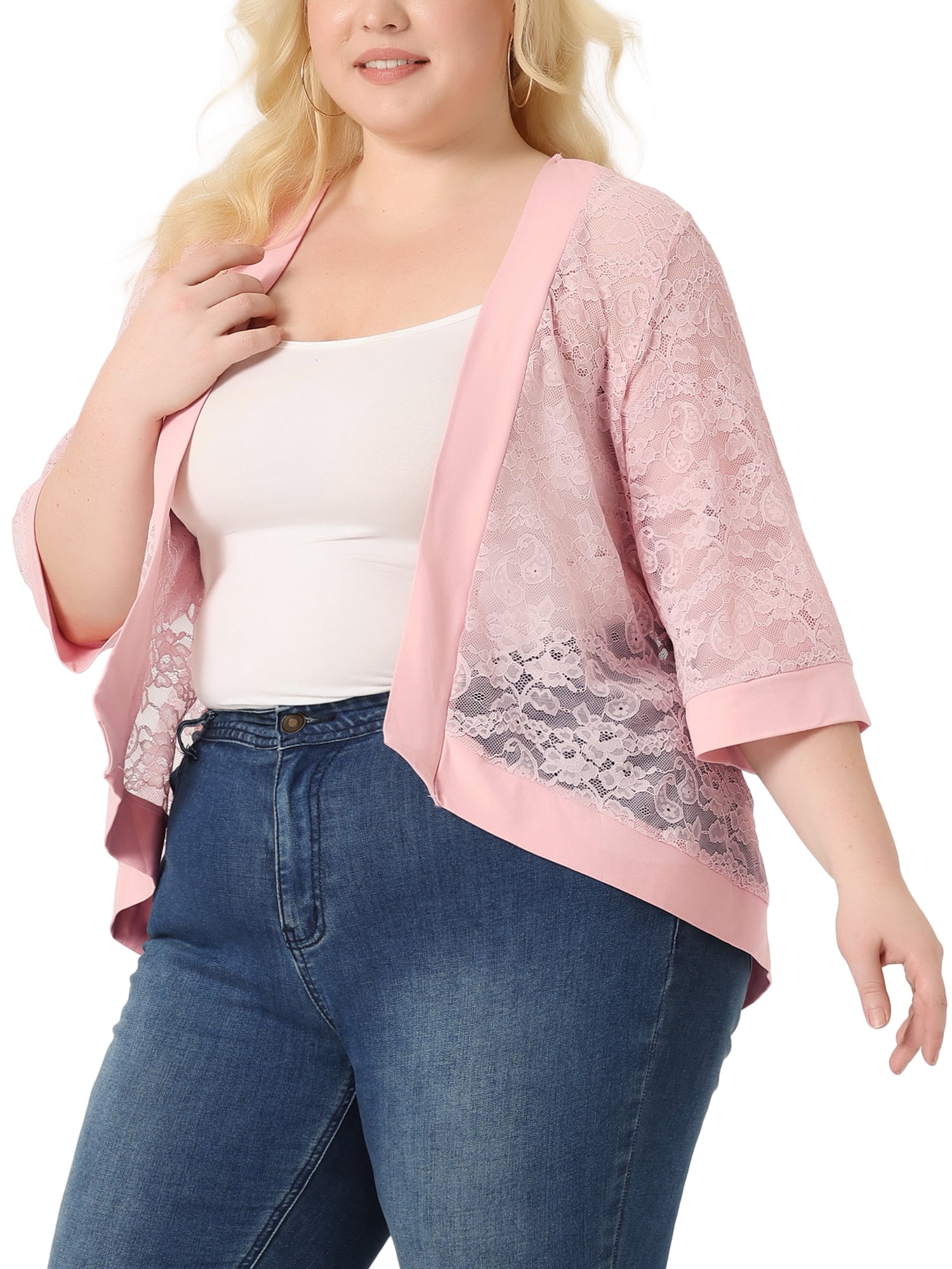 DARING DIVA Plus Size Bolero Outfits Lace Panel Sheer Cardigans 2X Light Pink