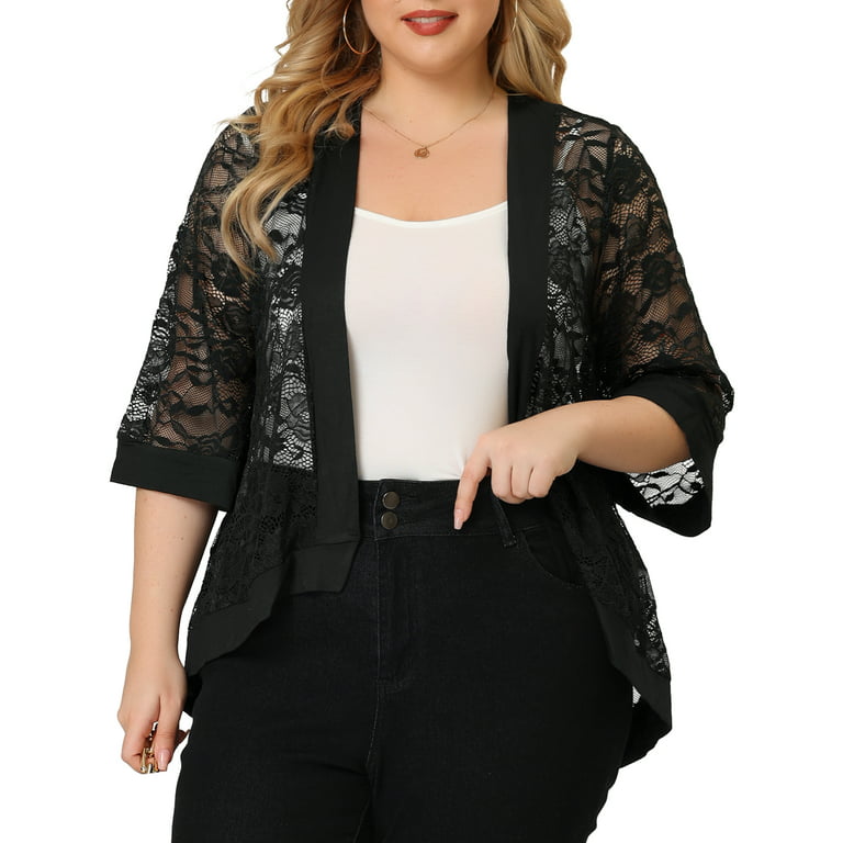 ZERDOCEAN Women's Plus Size Short Sleeve Lightweight Soft Printed Drape  Cardigan with Pockets Black 2X in Kuwait