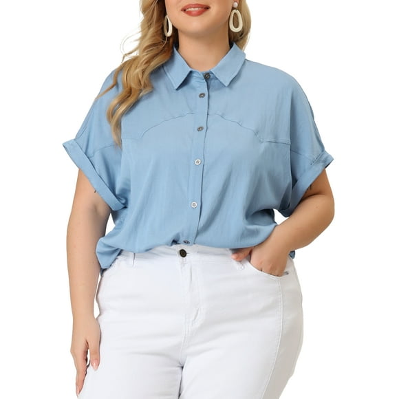 Unique Bargains Women's Plus Size Button Down Chambray Short Sleeve Shirts 3X Blue
