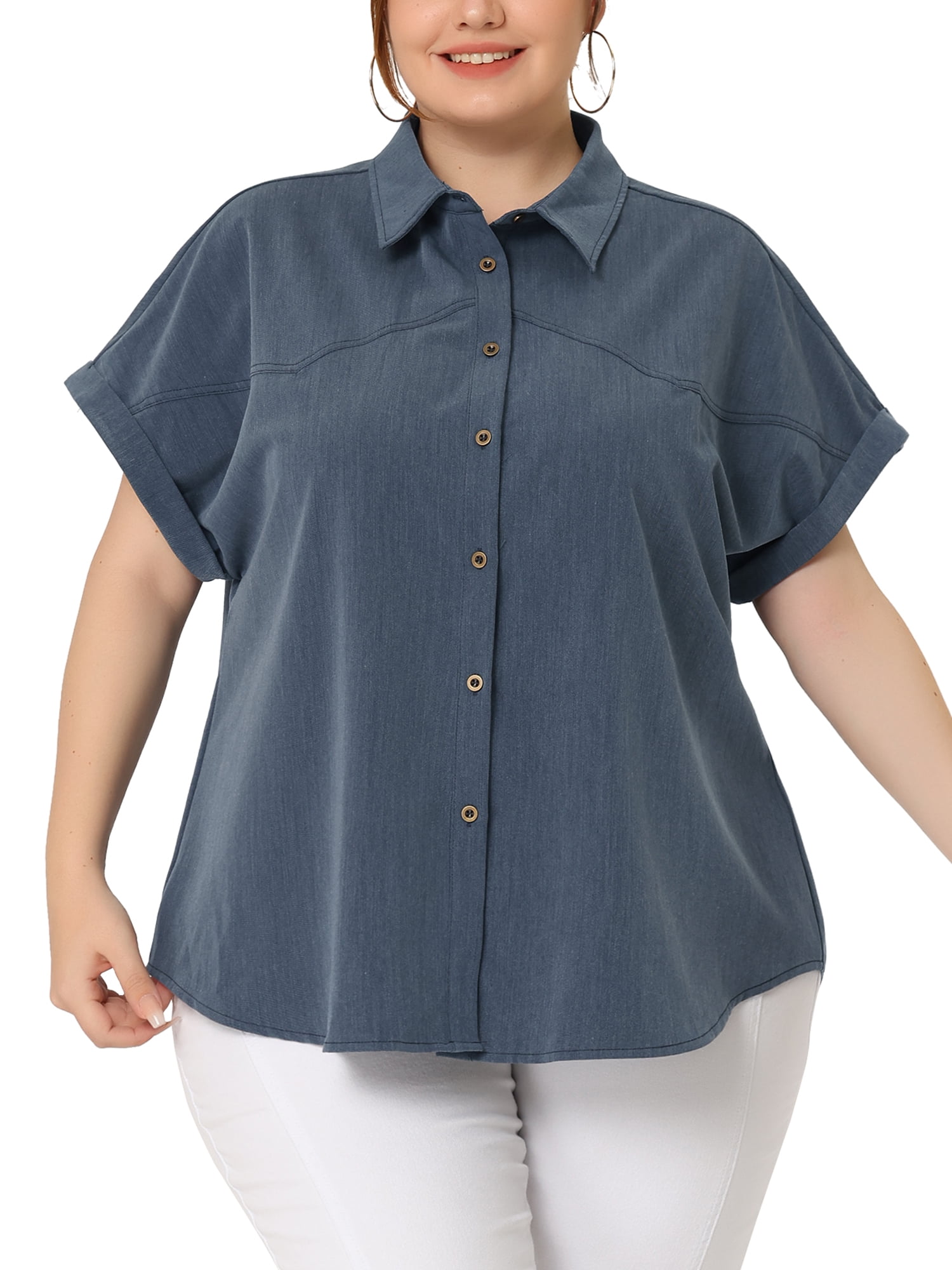 Unique Bargains Women s Plus Size Button Down Chambray Short Sleeve Shirts 3X Navy Blue Walmart