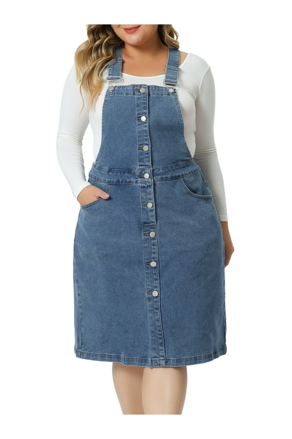 Plus Size Button Front Strap Suspender Jean Skirt 1X Gray Blue