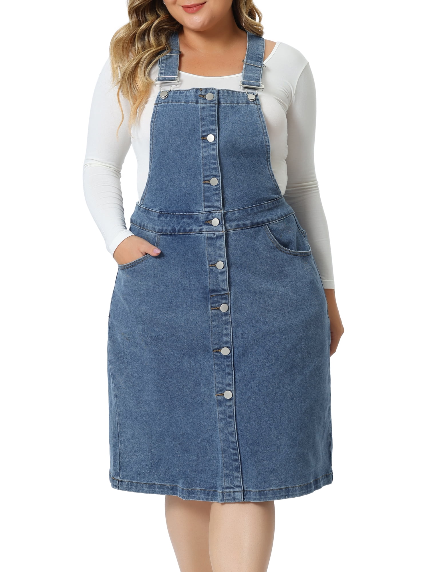 DARING DIVA Plus Women's Size Denim Button Front Adjustable Strap Skirt 2X Gray Blue