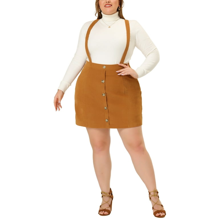 Unique Bargains Women s Plus Size Button Up Flare A Line Corduroy Mini Suspender Skirt