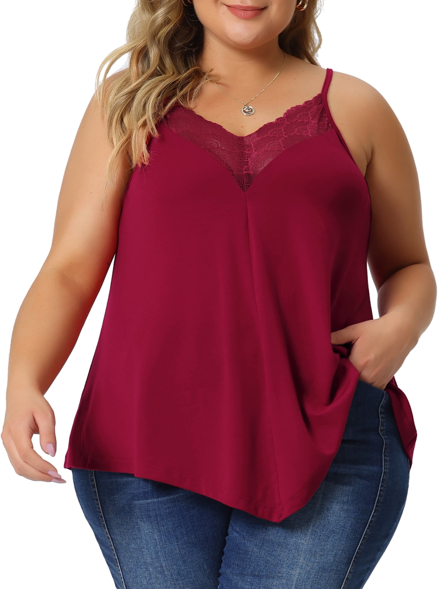 DARING DIVA Women's Plus V-Neck Cami Tank Lace Front Sleeveless Tops 1X Burgundy