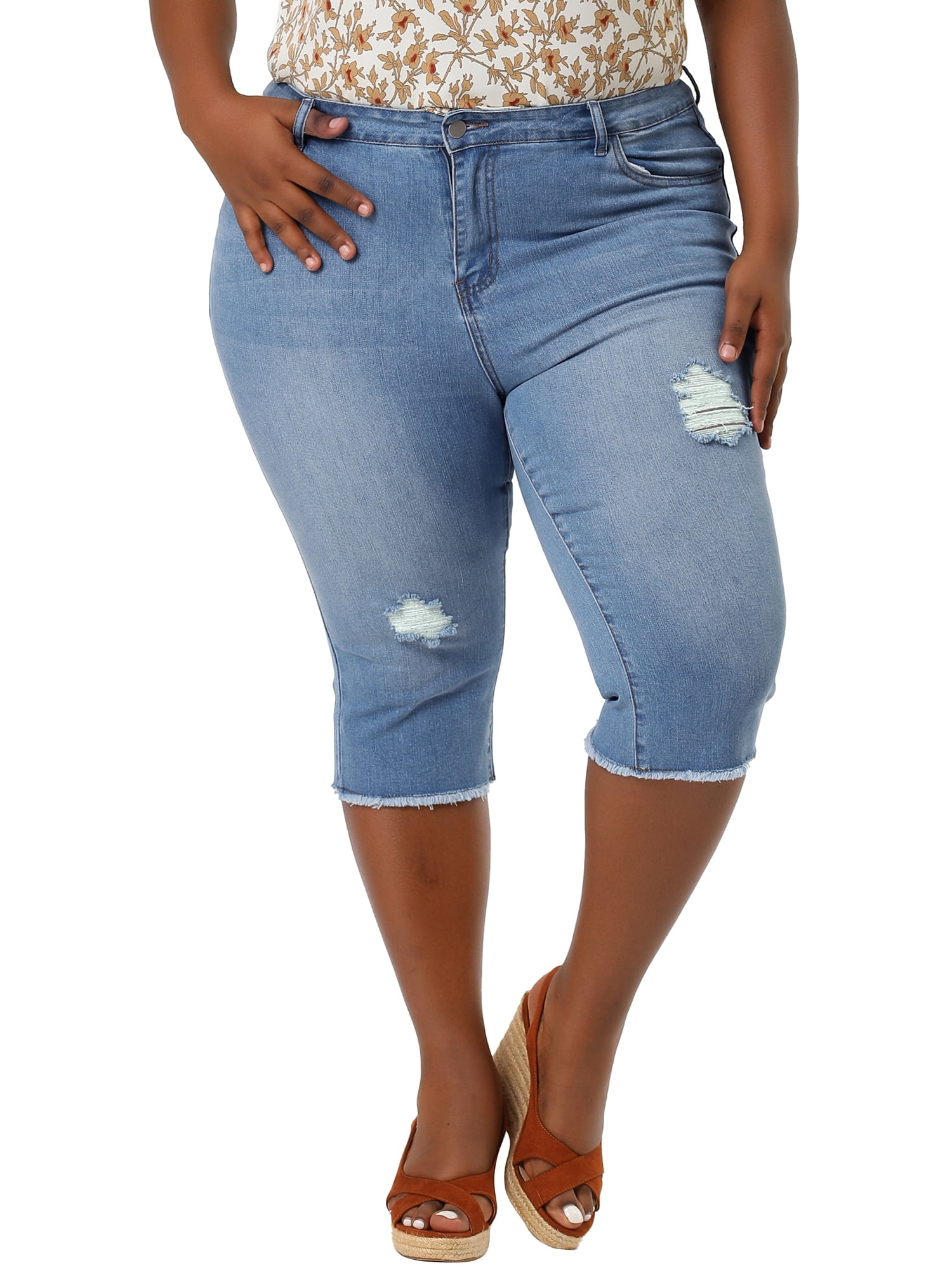 Unique Bargains Women's Plus Size Capri Ripped Slash Pocket Raw Hem Denim  Jeans 