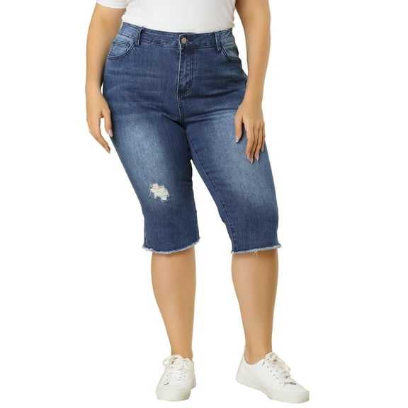 Unique Bargains Women's Plus Size Capri Ripped Slash Pocket Raw Hem Denim Jeans 2X Blue
