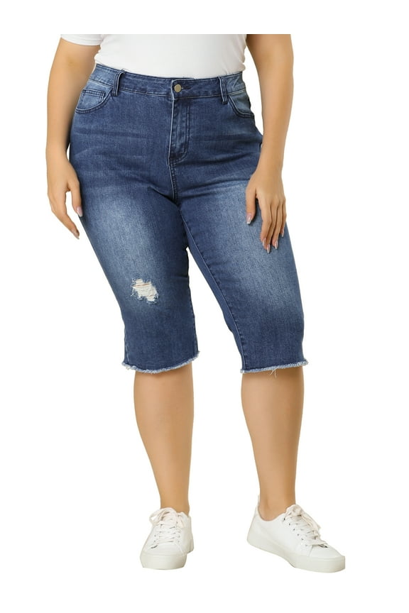 Women's Plus Size Capri Ripped Slash Pocket Raw Hem Denim Jeans 2X Blue