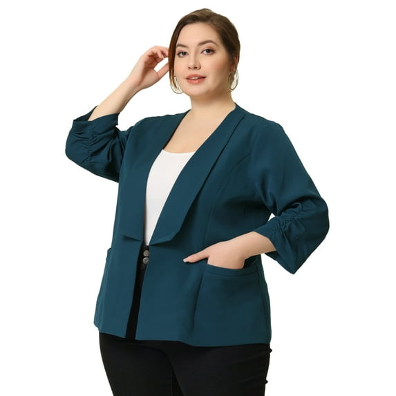 DARING DIVA Women's Plus Shawl Collar 3/4 Ruched Sleeve Blazers Peacock Blue 2X