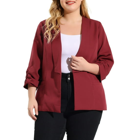 DARING DIVA Women's Plus Shawl Collar 3/4 Ruched Sleeve Blazers Red 3X