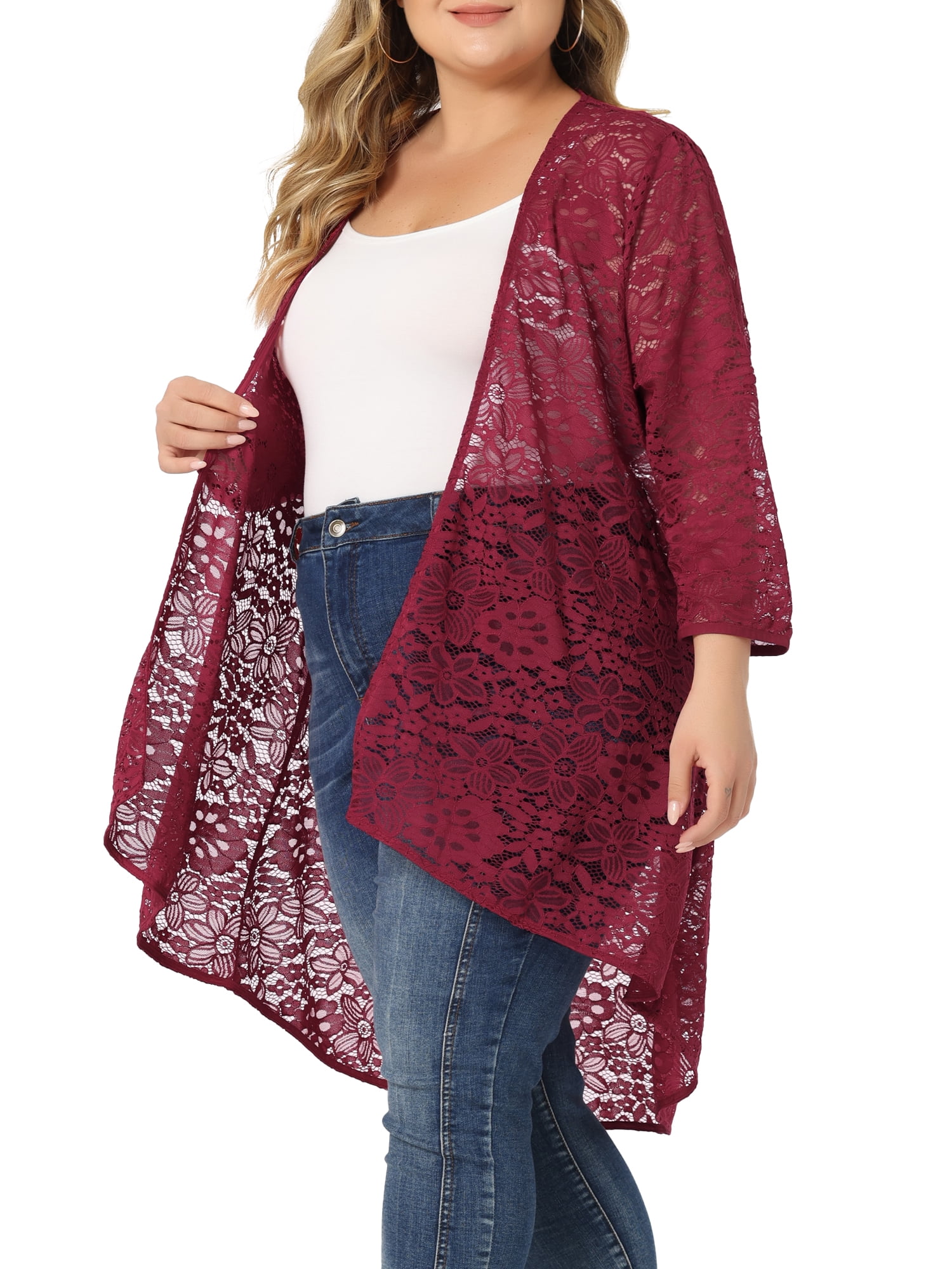 DARING DIVA Plus Size Lace Crochet Sheer Kimono Cover Up Cardigan 3X Burgundy