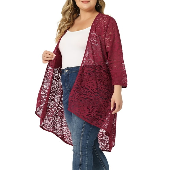 DARING DIVA Plus Size Lace Crochet Sheer Kimono Cover Up Cardigan 3X Burgundy