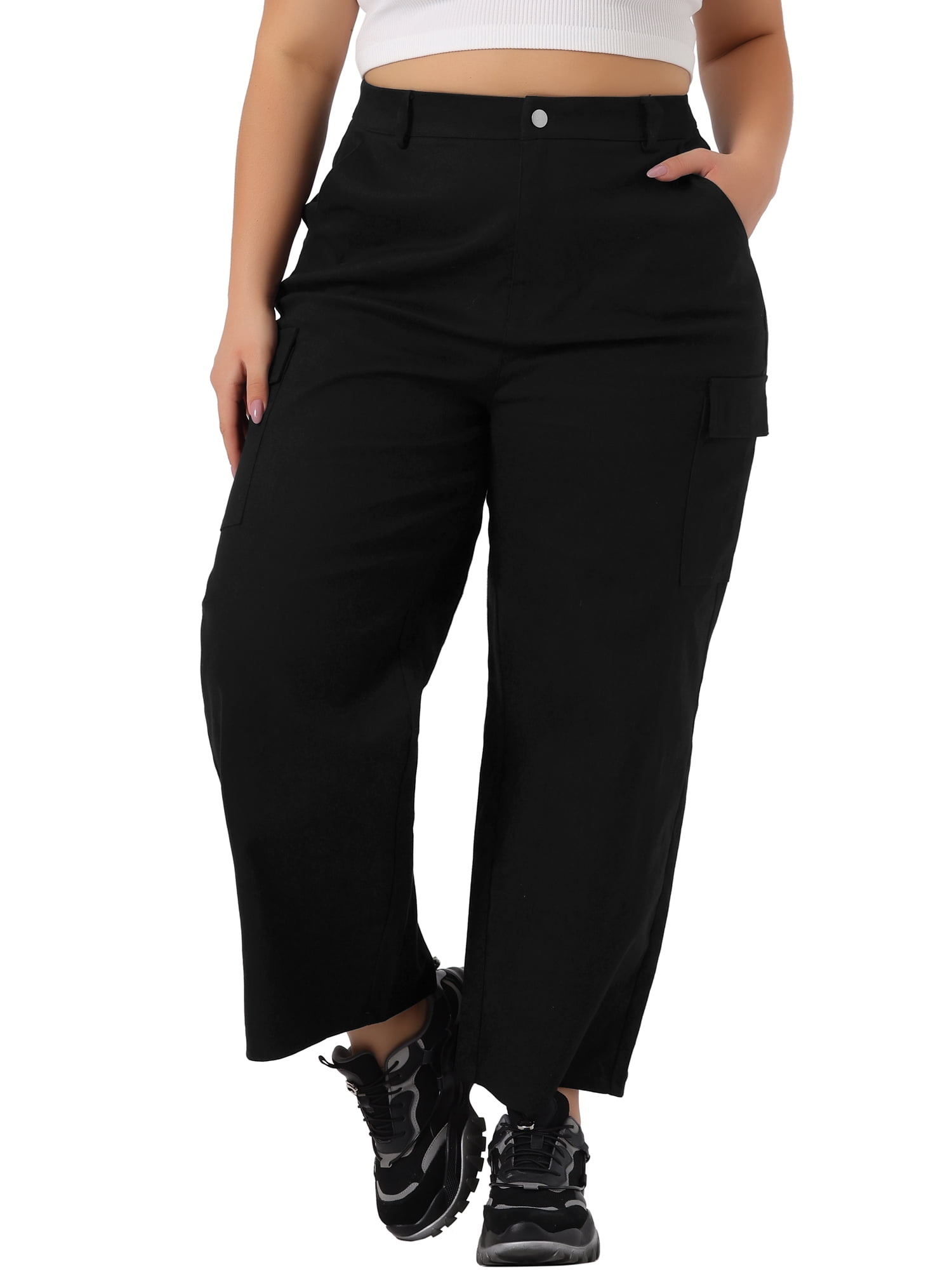 Unique Bargains Women's Plus Size Cargo Pants Drawstring Elastic Waist Pockets Trousers 1X Black