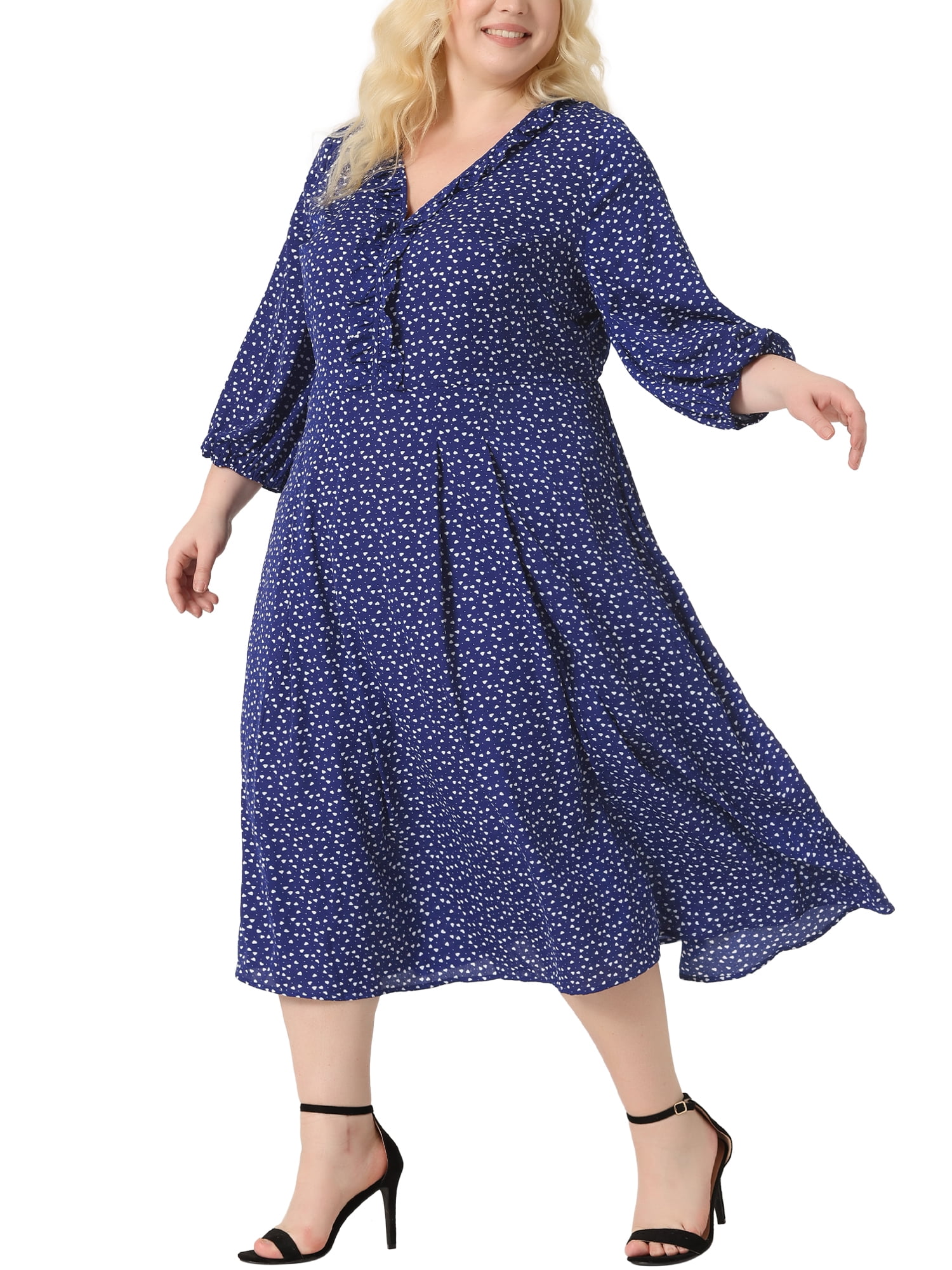 DARING DIVA Plus Size Elbow Sleeve Sweetheart Midi Ruffle Dress 3X Blue