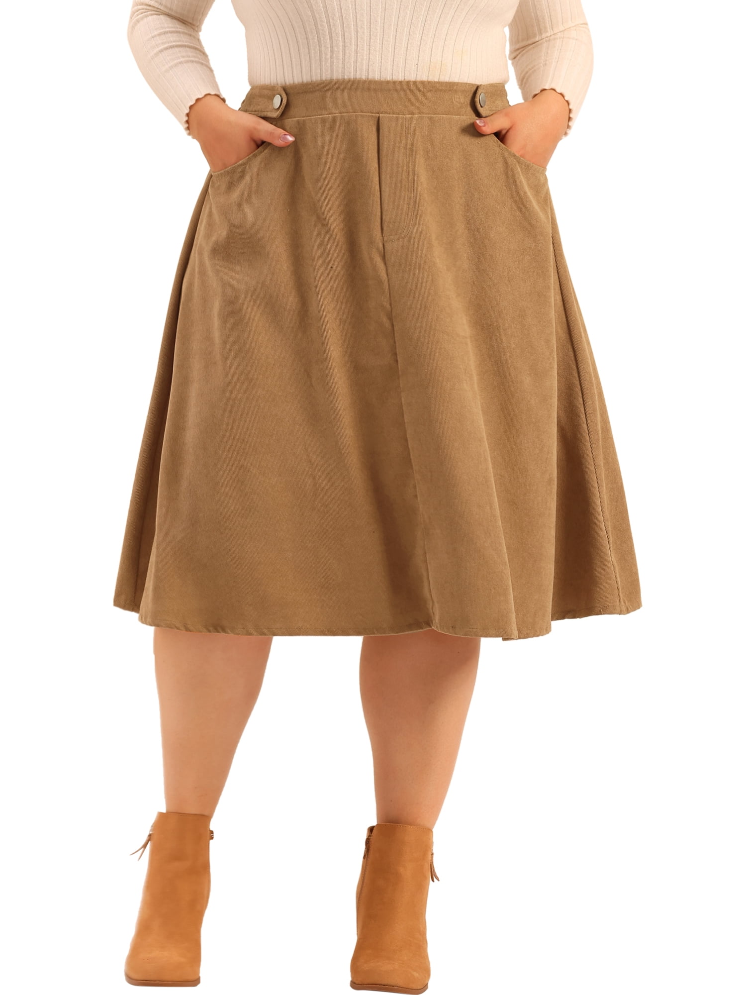 DARING DIVA Women's Plus Size Corduroy Elastic High A Line Midi Skirts 2X Khaki