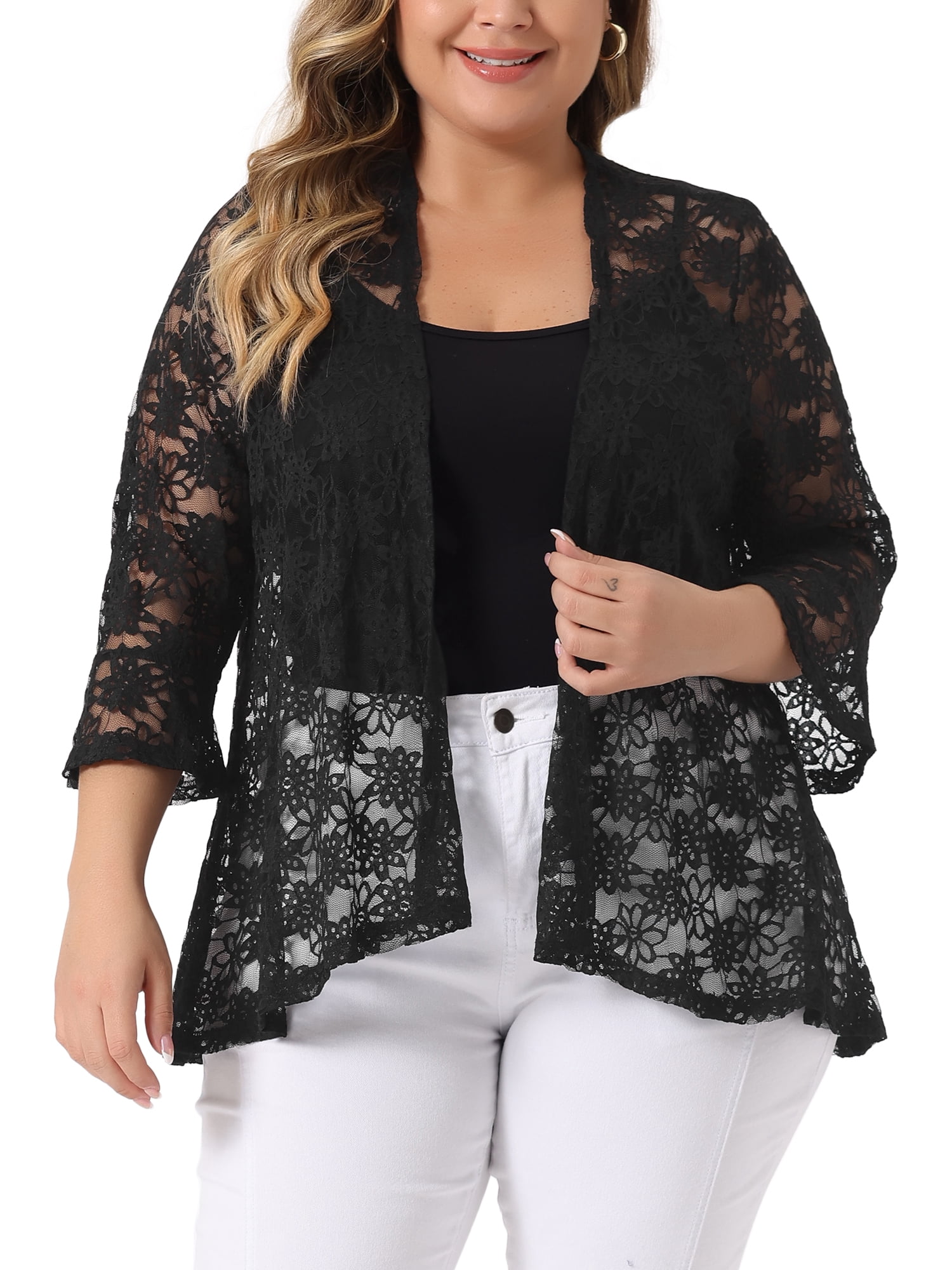 DARING DIVA Women's Plus Size Open Front 3/4 Sleeve Sheer Lace Cardigan 2X Black